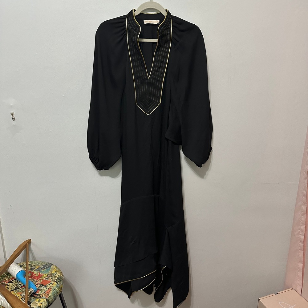 Tory Burch Caftan Dress Womens Small Black Excellent Gold Trim Handkerchief Hem
